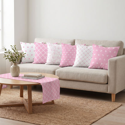 Pink Diamonds — set of six printed cushions with a matching table runner — Karen Fabrics