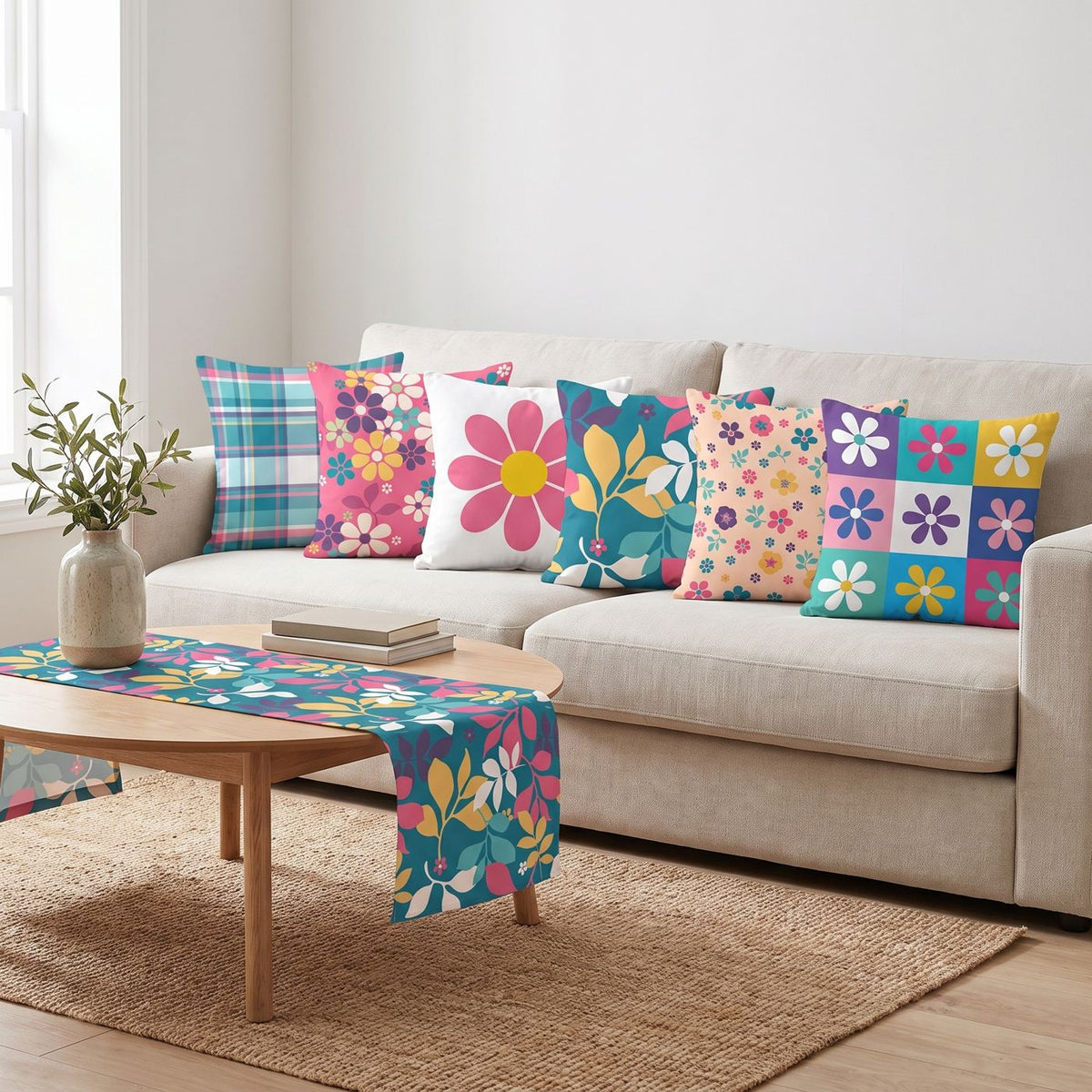 Bright Blooms — set of six printed cushions with a matching table runner — Karen Fabrics