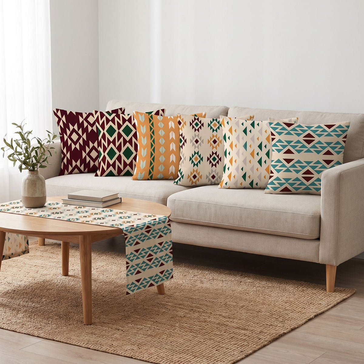 Kilim Mix — set of six printed cushions with a matching table runner — Karen Fabrics