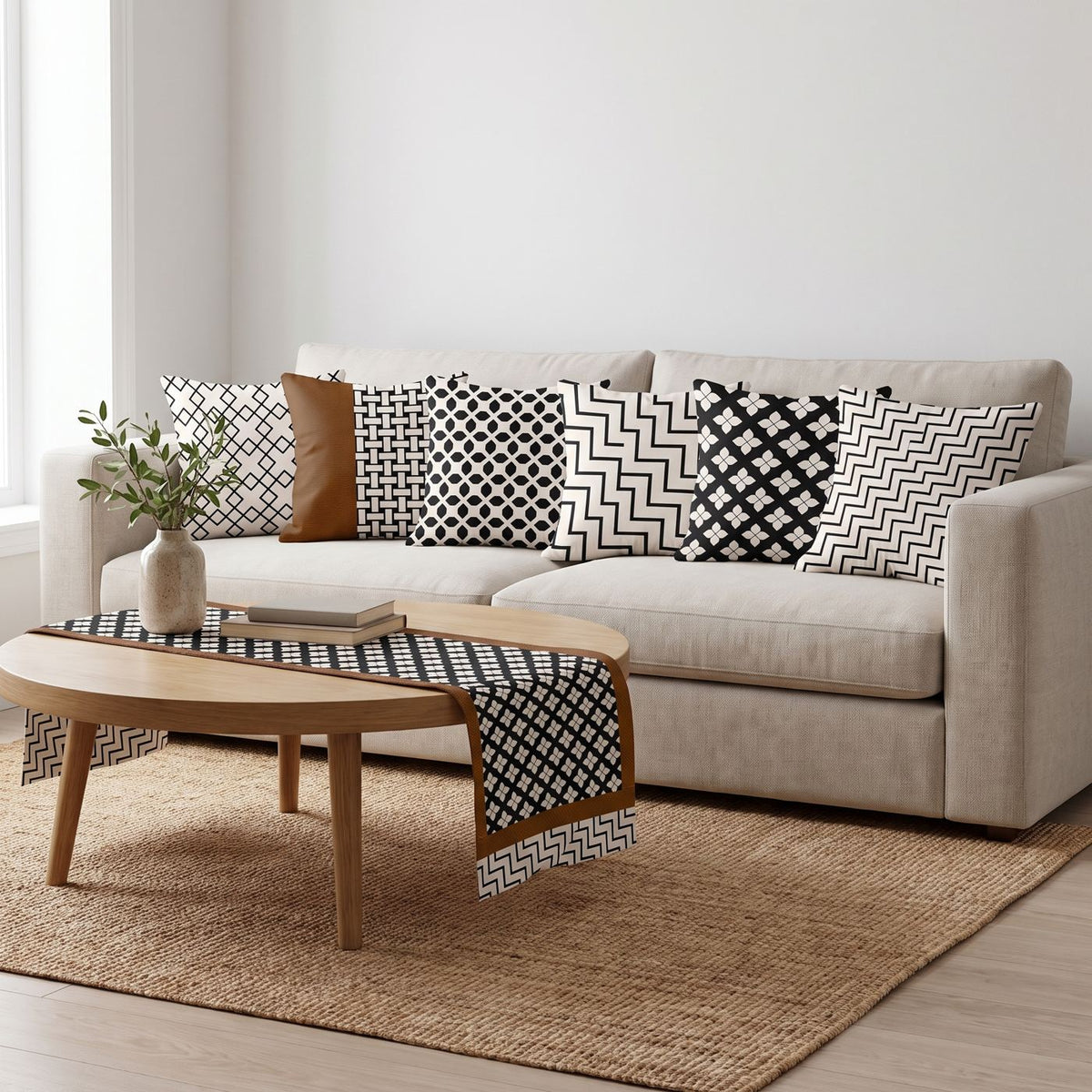 Monochrome Geo — set of six printed cushions with a matching table runner — Karen Fabrics