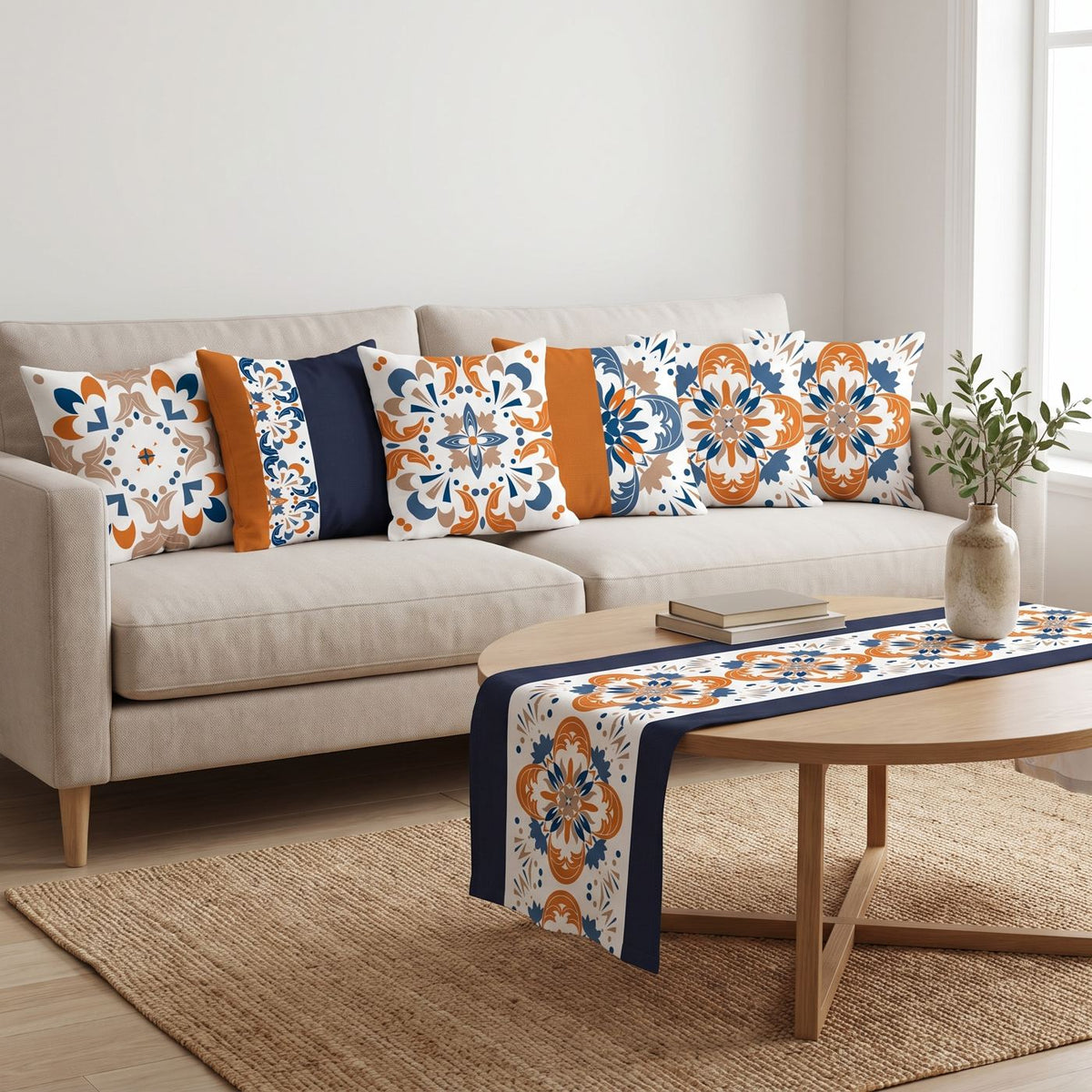 Navy & Rust — set of six printed cushions with a matching table runner — Karen Fabrics