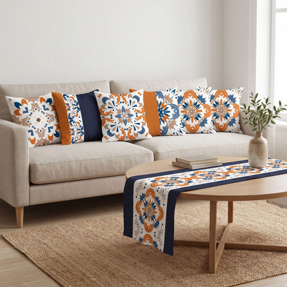 Navy & Rust — set of six printed cushions with a matching table runner — Karen Fabrics