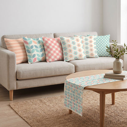 Pastel Geo — set of six printed cushions with a matching table runner — Karen Fabrics