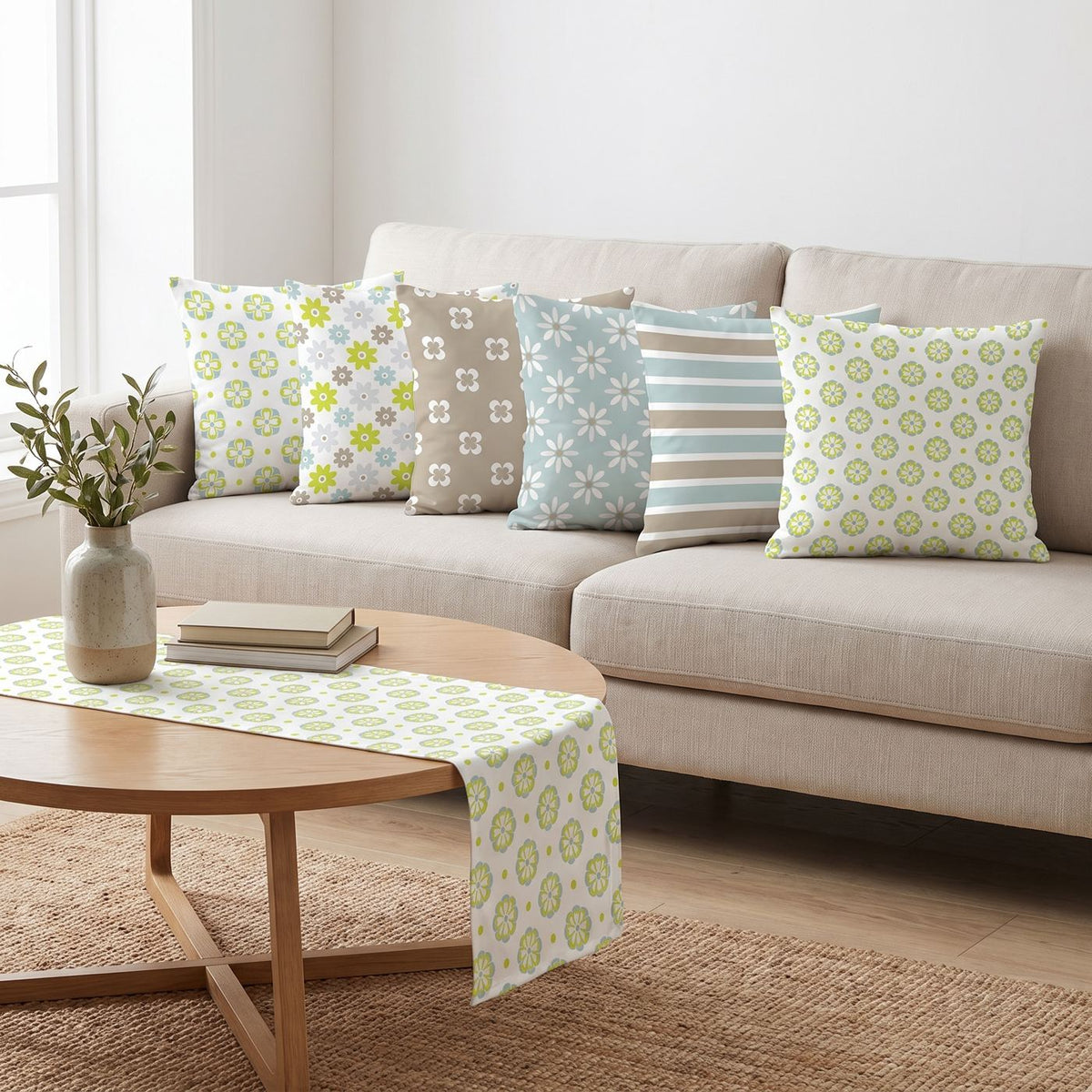 Olive Dots — set of six printed cushions with a matching table runner — Karen Fabrics