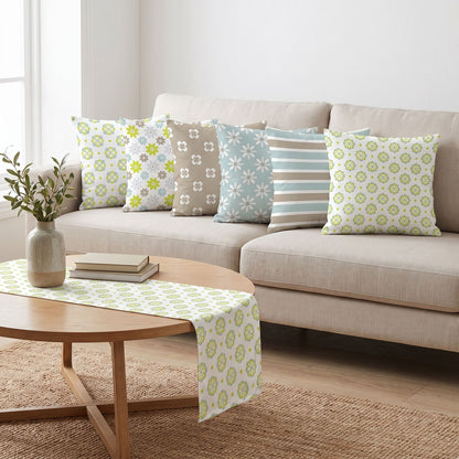 Olive Dots — set of six printed cushions with a matching table runner — Karen Fabrics