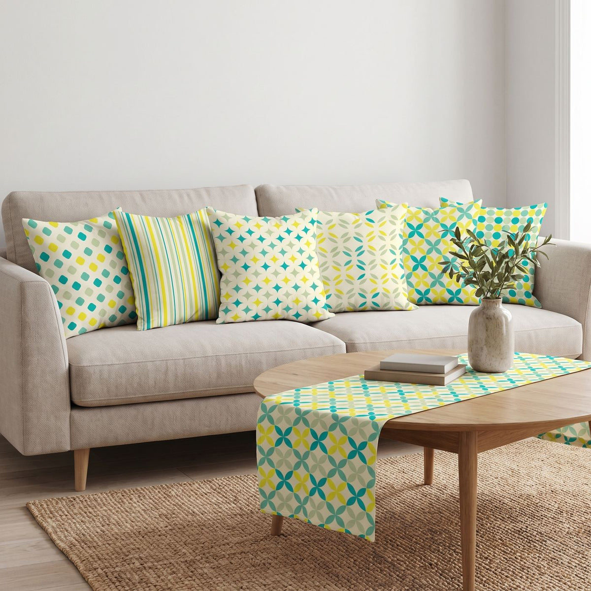Green Mix — set of six printed cushions with a matching table runner — Karen Fabrics