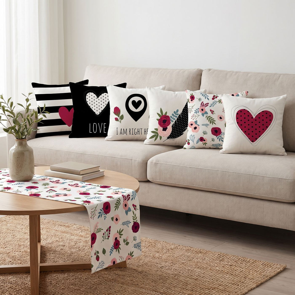 Hearts & Stripes — set of six printed cushions with a matching table runner — Karen Fabrics
