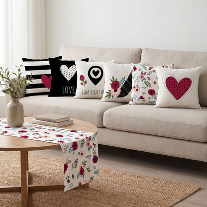 Hearts & Stripes — set of six printed cushions with a matching table runner — Karen Fabrics