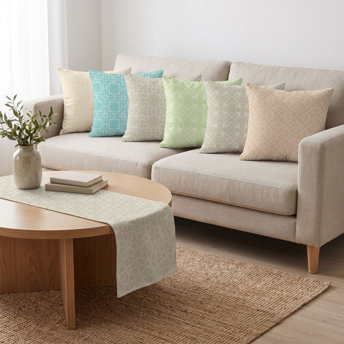 Sage Plain — set of six printed cushions with a matching table runner — Karen Fabrics