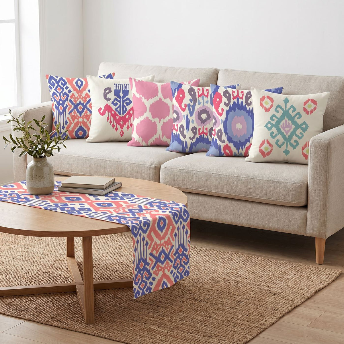 Ikat Pink — set of six printed cushions with a matching table runner — Karen Fabrics