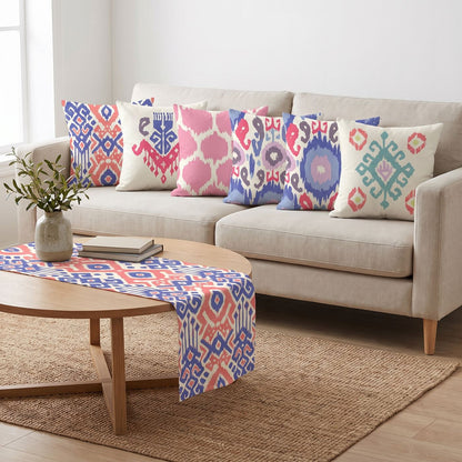Ikat Pink — set of six printed cushions with a matching table runner — Karen Fabrics