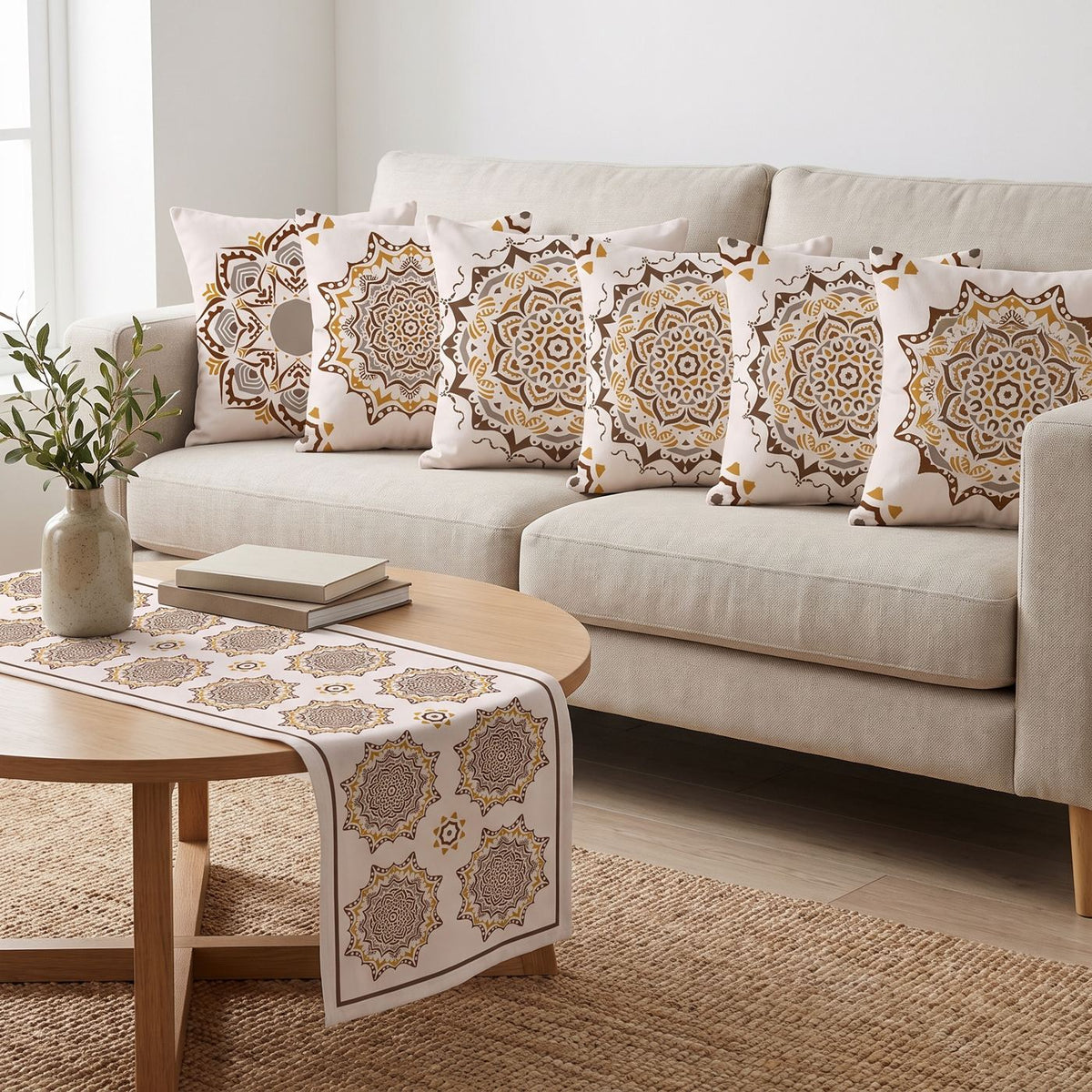 Golden Mandala — set of six printed cushions with a matching table runner — Karen Fabrics