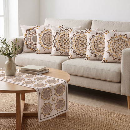 Golden Mandala — set of six printed cushions with a matching table runner — Karen Fabrics