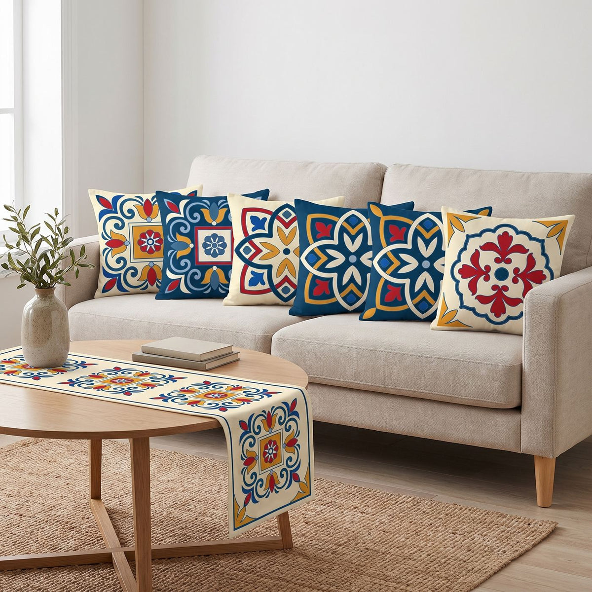 Tribal Tiles — set of six printed cushions with a matching table runner — Karen Fabrics