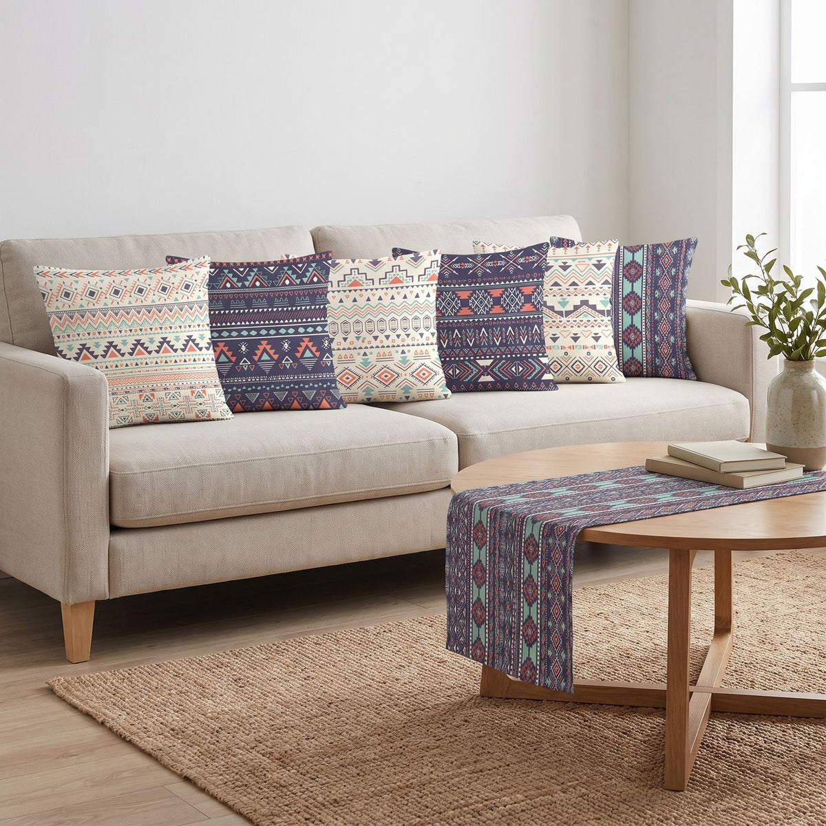 Boho Stripes — set of six printed cushions with a matching table runner — Karen Fabrics