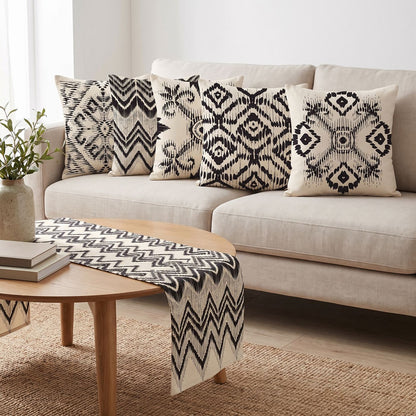 Tribal Noir — set of six printed cushions with a matching table runner — Karen Fabrics