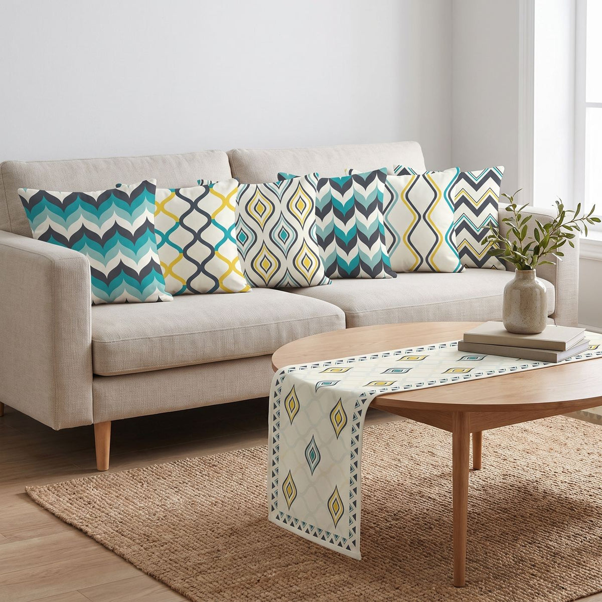 Teal Geo — set of six printed cushions with a matching table runner — Karen Fabrics