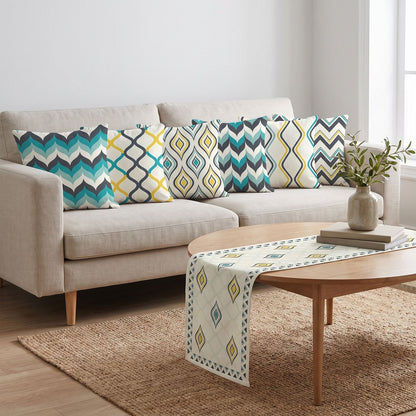 Teal Geo — set of six printed cushions with a matching table runner — Karen Fabrics