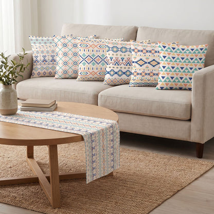 Blue Tribal — set of six printed cushions with a matching table runner — Karen Fabrics