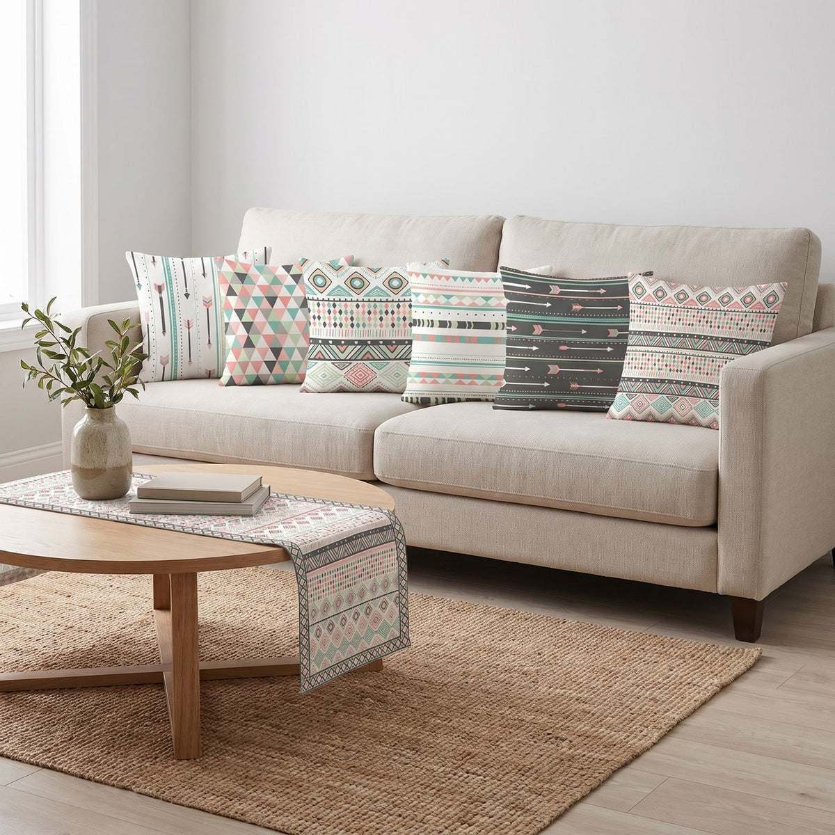 Beige Dots — set of six printed cushions with a matching table runner — Karen Fabrics