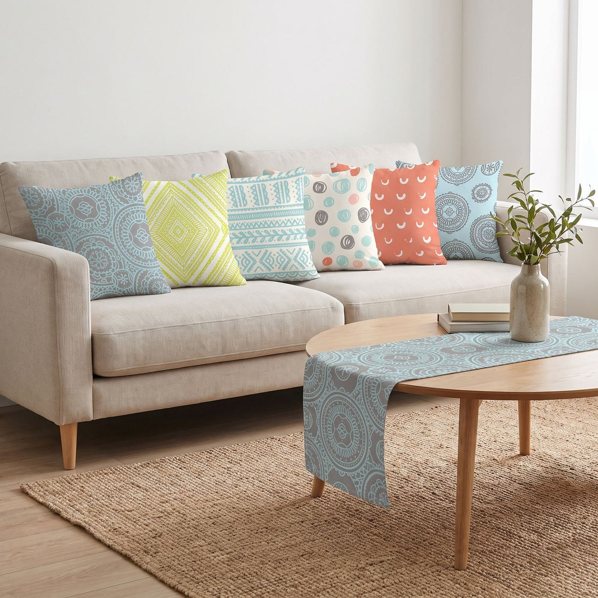 Pastel Dots — set of six printed cushions with a matching table runner — Karen Fabrics