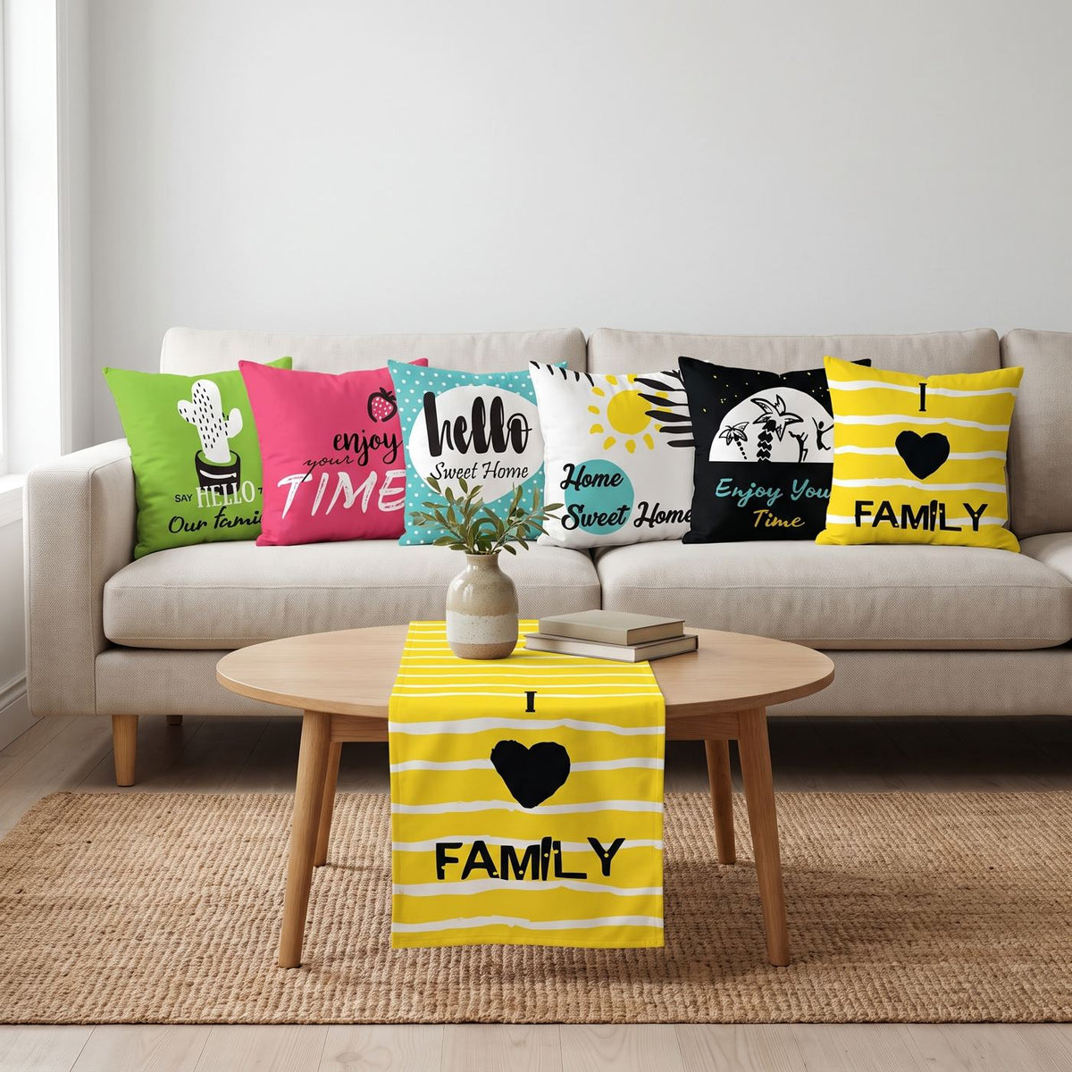 Family Time — set of six printed cushions with a matching table runner — Karen Fabrics