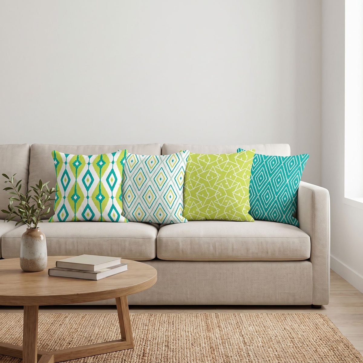 Lime Ikat — set of four printed cushions on a sofa — Karen Fabrics