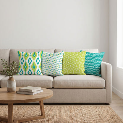 Lime Ikat — set of four printed cushions on a sofa — Karen Fabrics