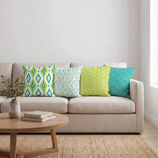 Lime Ikat — set of four printed cushions on a sofa — Karen Fabrics