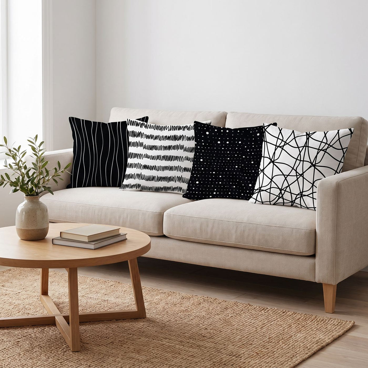 Ink Lines — set of four printed cushions on a sofa — Karen Fabrics
