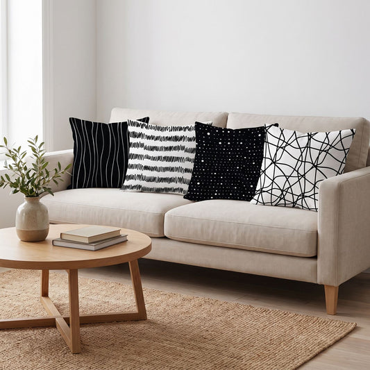 Ink Lines — set of four printed cushions on a sofa — Karen Fabrics