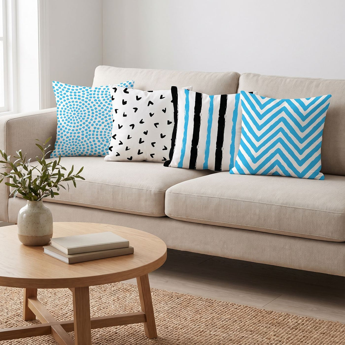 Sky Blue Mix — set of four printed cushions on a sofa — Karen Fabrics