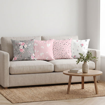 Blush Petals — set of four printed cushions on a sofa — Karen Fabrics