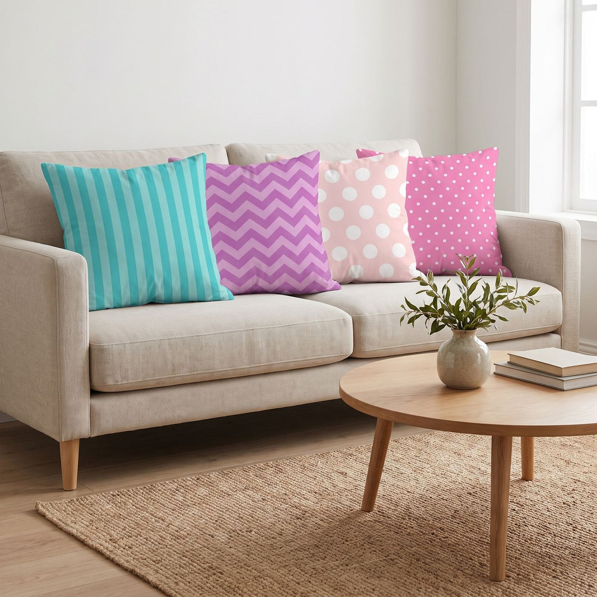 Candy Stripes — set of four printed cushions on a sofa — Karen Fabrics
