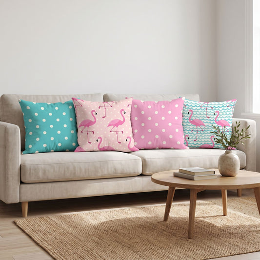Flamingo Dots — set of four printed cushions on a sofa — Karen Fabrics