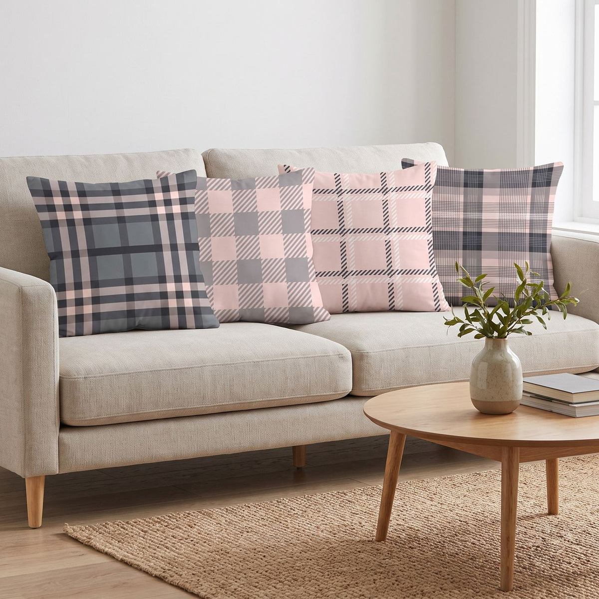 Blush Tartan — set of four printed cushions on a sofa — Karen Fabrics