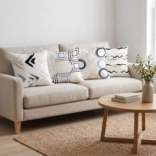 Sketchbook — set of four printed cushions on a sofa — Karen Fabrics