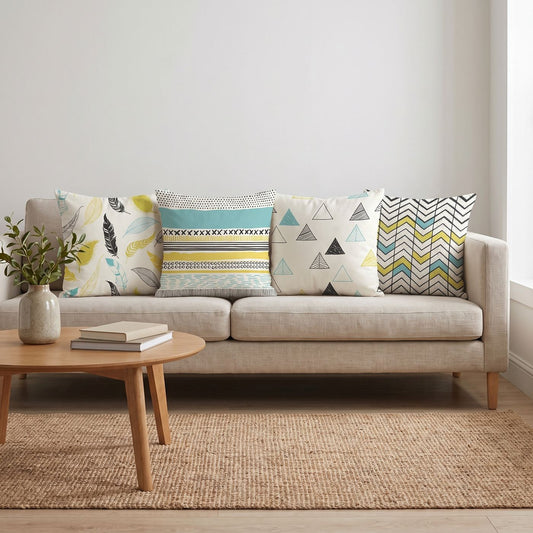 Boho Feathers — set of four printed cushions on a sofa — Karen Fabrics