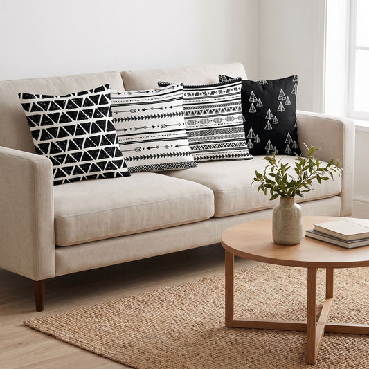Tribal Ink — set of four printed cushions on a sofa — Karen Fabrics