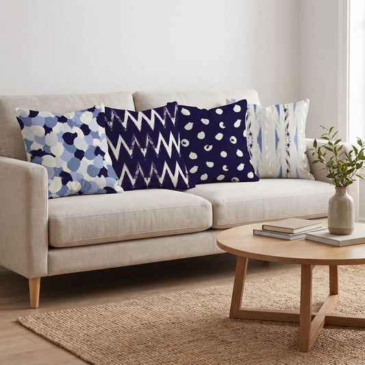 Navy Brush — set of four printed cushions on a sofa — Karen Fabrics