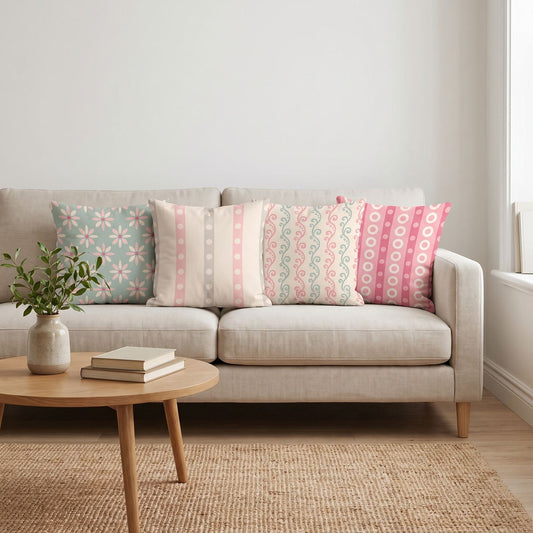 Pastel Daisy — set of four printed cushions on a sofa — Karen Fabrics