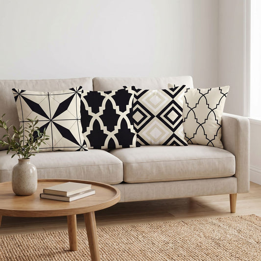 Black Lattice — set of four printed cushions on a sofa — Karen Fabrics