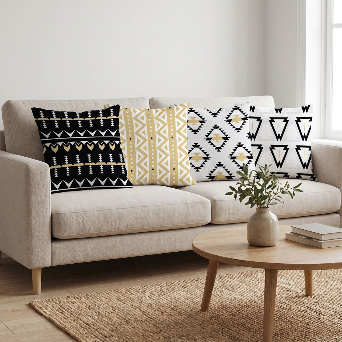 Aztec Gold — set of four printed cushions on a sofa — Karen Fabrics