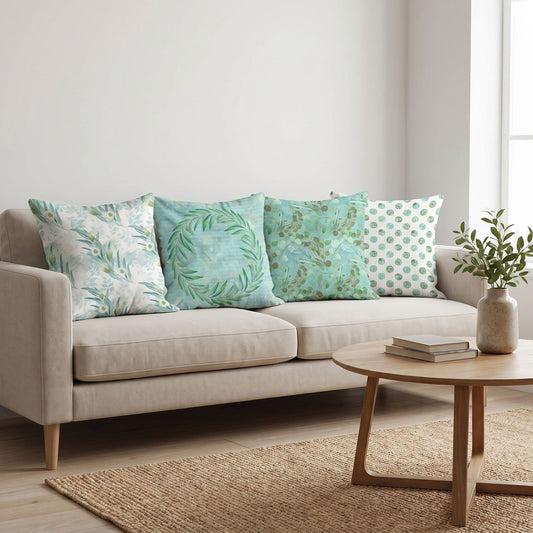 Mint Garden — set of four printed cushions on a sofa — Karen Fabrics