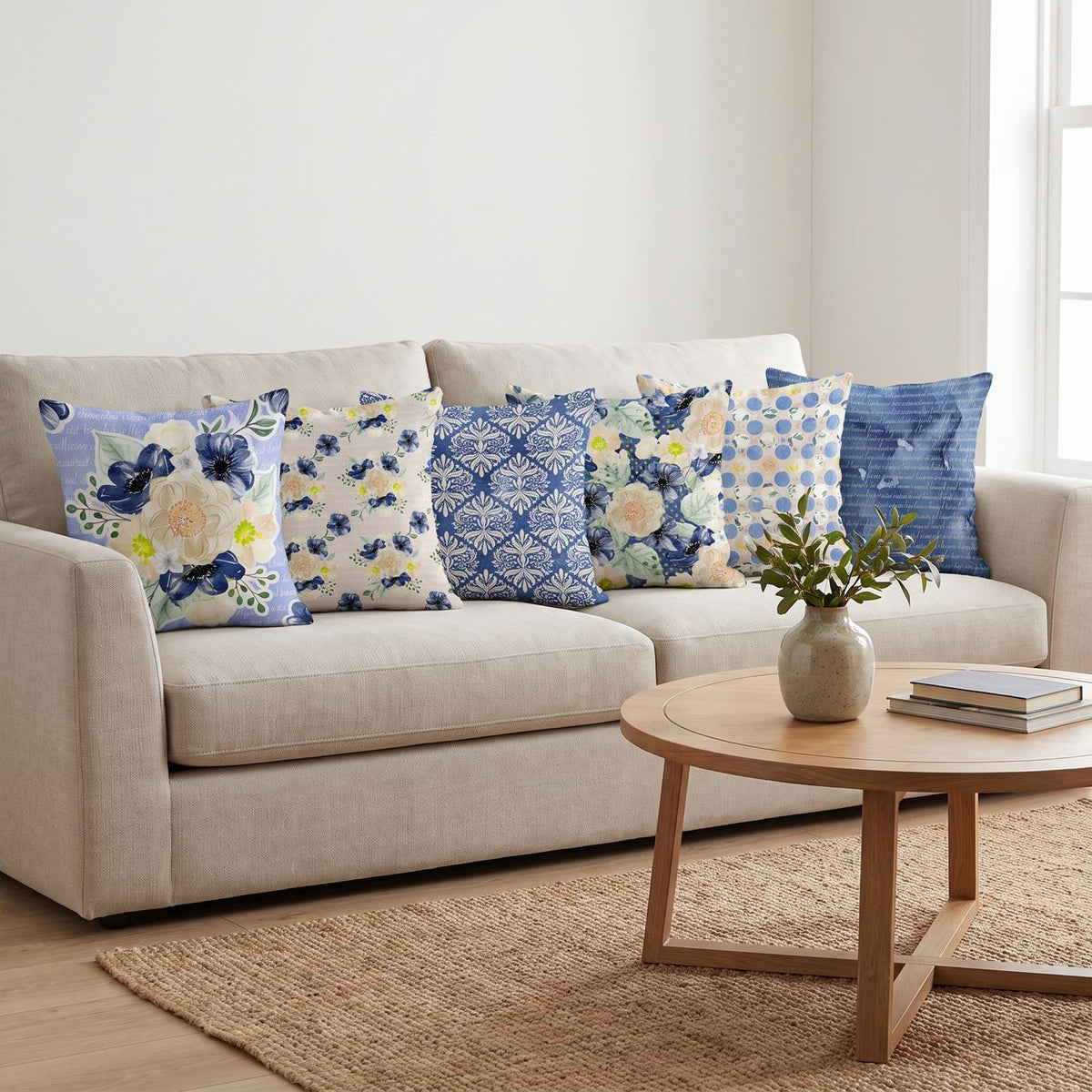 Blue Blossom — set of six printed cushions on a sofa — Karen Fabrics