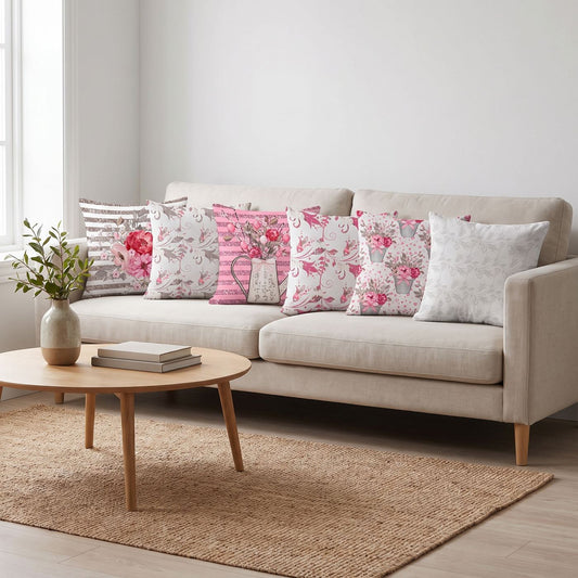 Rose Garden — set of six printed cushions on a sofa — Karen Fabrics