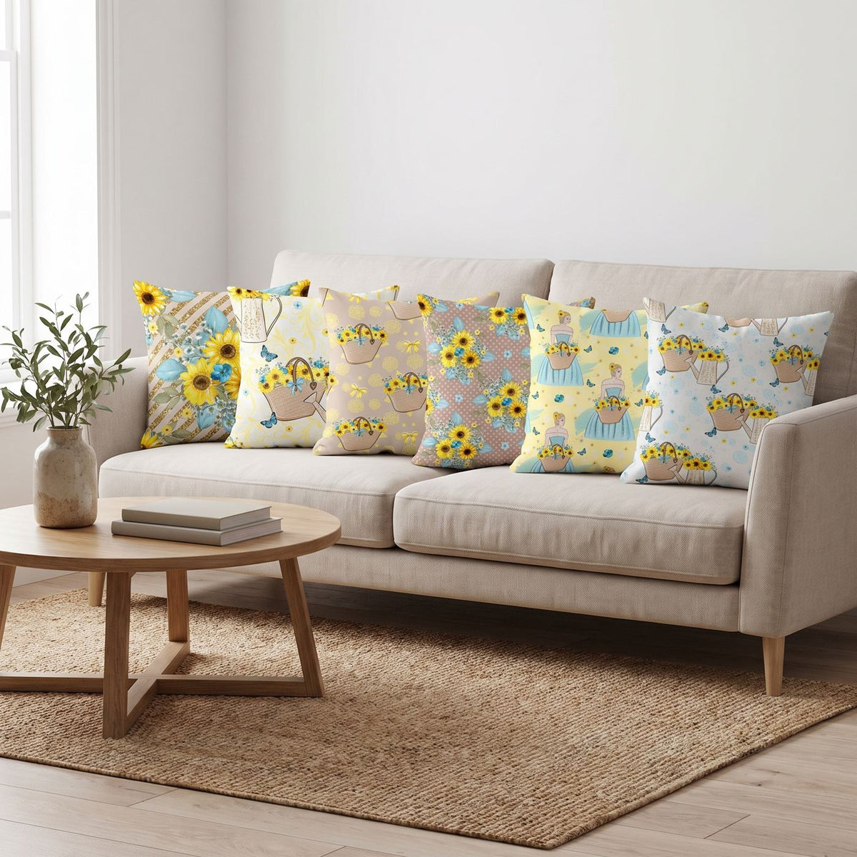 Sunflower Field — set of six printed cushions on a sofa — Karen Fabrics