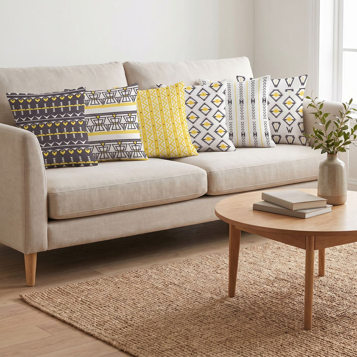 Tribal Mustard — set of six printed cushions on a sofa — Karen Fabrics