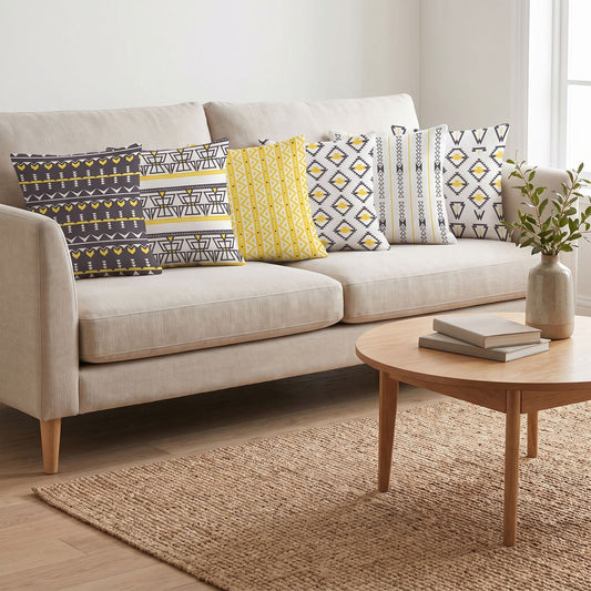 Tribal Mustard — set of six printed cushions on a sofa — Karen Fabrics