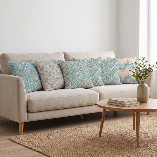 Aqua Brocade — set of six printed cushions on a sofa — Karen Fabrics